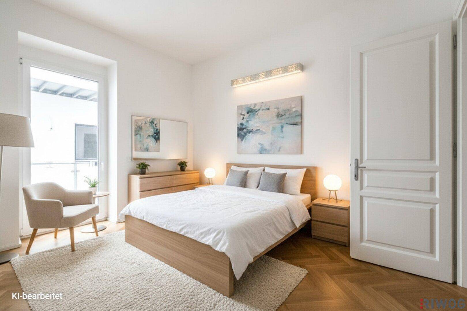 Helles Schlafzimmer mit Doppelbett, Holzmöbeln und Zugang zum Balkon.