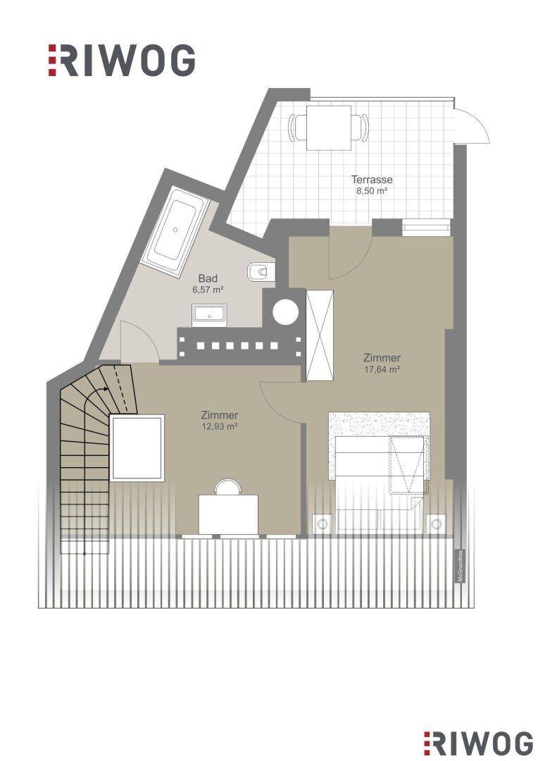 Grundriss der oberen Ebene mit Schlafzimmern, Bad und Terrasse.