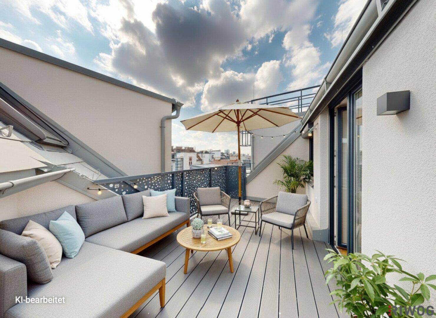 Möblierte Dachterrasse mit bequemen Sitzgelegenheiten, Sonnenschirm und Blick über die Stadt.