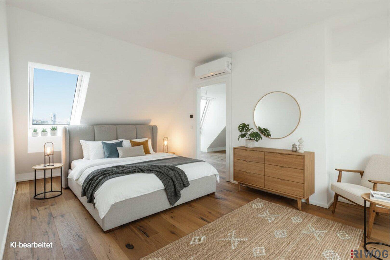 Gemütliches Schlafzimmer mit Holzboden, Dachfenster und moderner Einrichtung.
