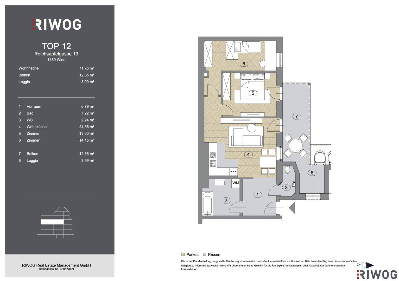 Grundriss der Wohnung mit drei Zimmern, Balkon und Loggia, zeigt die Raumaufteilung.