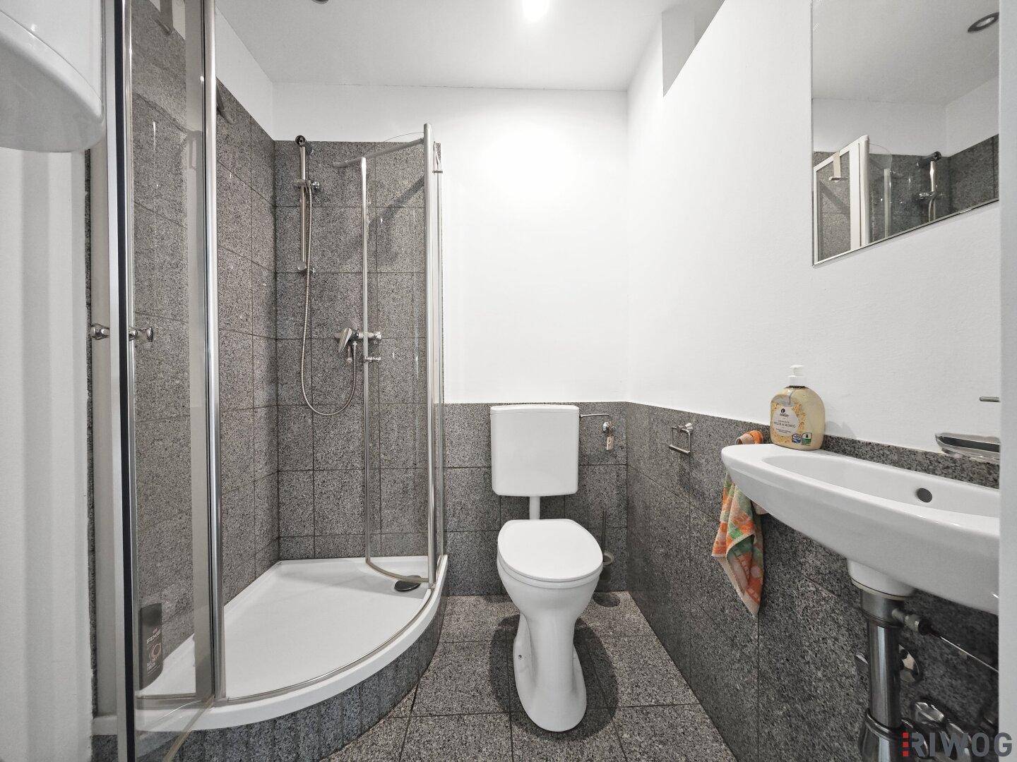 Badezimmer mit Duschkabine, WC, Waschbecken und grauen Fliesen.