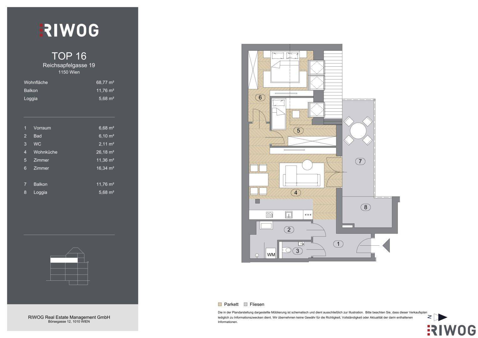 Grundriss einer Wohnung mit offenem Wohn-Essbereich, zwei Schlafzimmern, Bad, separatem WC, Balkon und Loggia.
