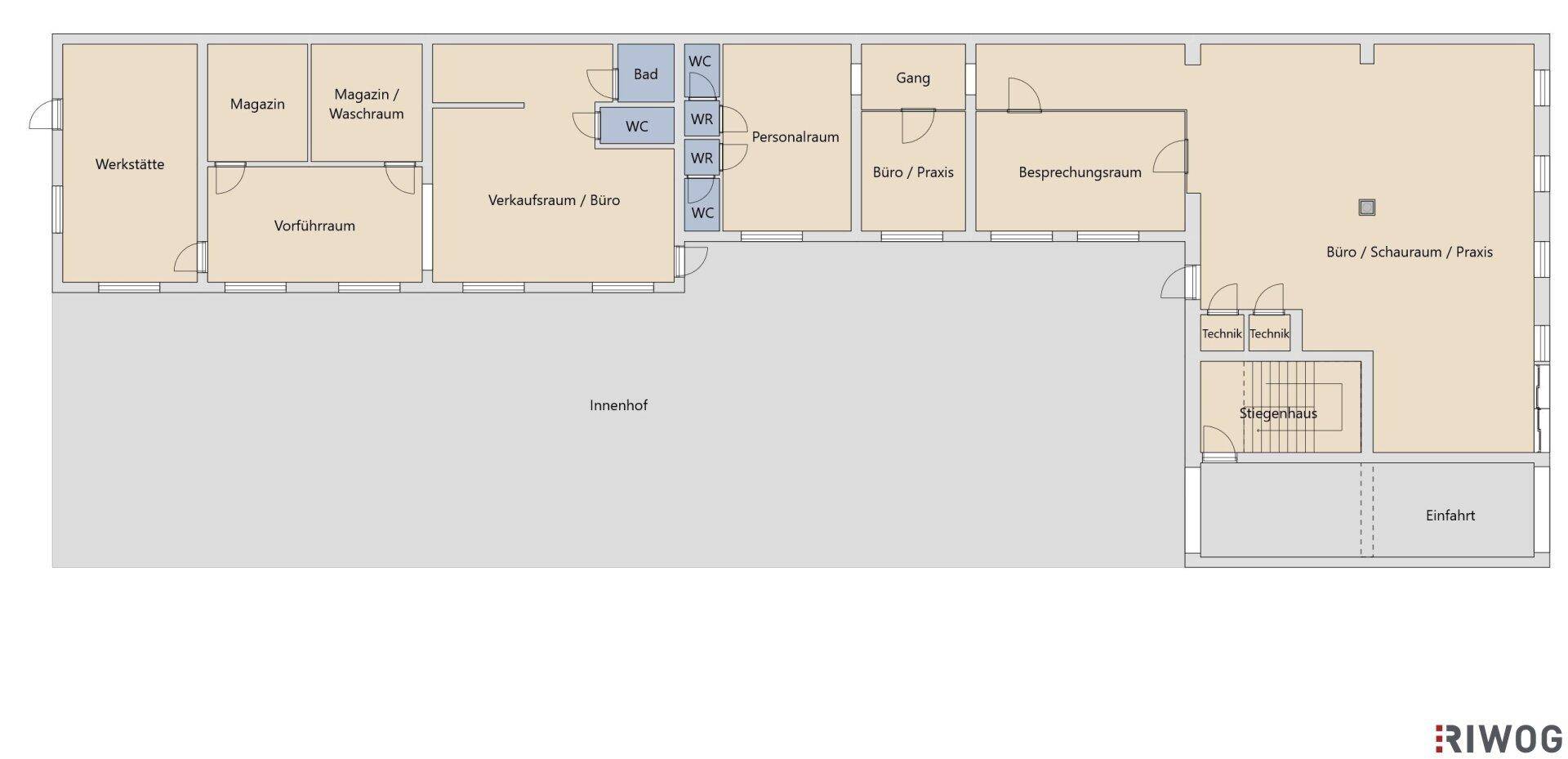 Grundrissplan zeigt eine vielseitige Gewerbefläche mit Büros, Werkstatt, Lagerräumen und einem Innenhof.
