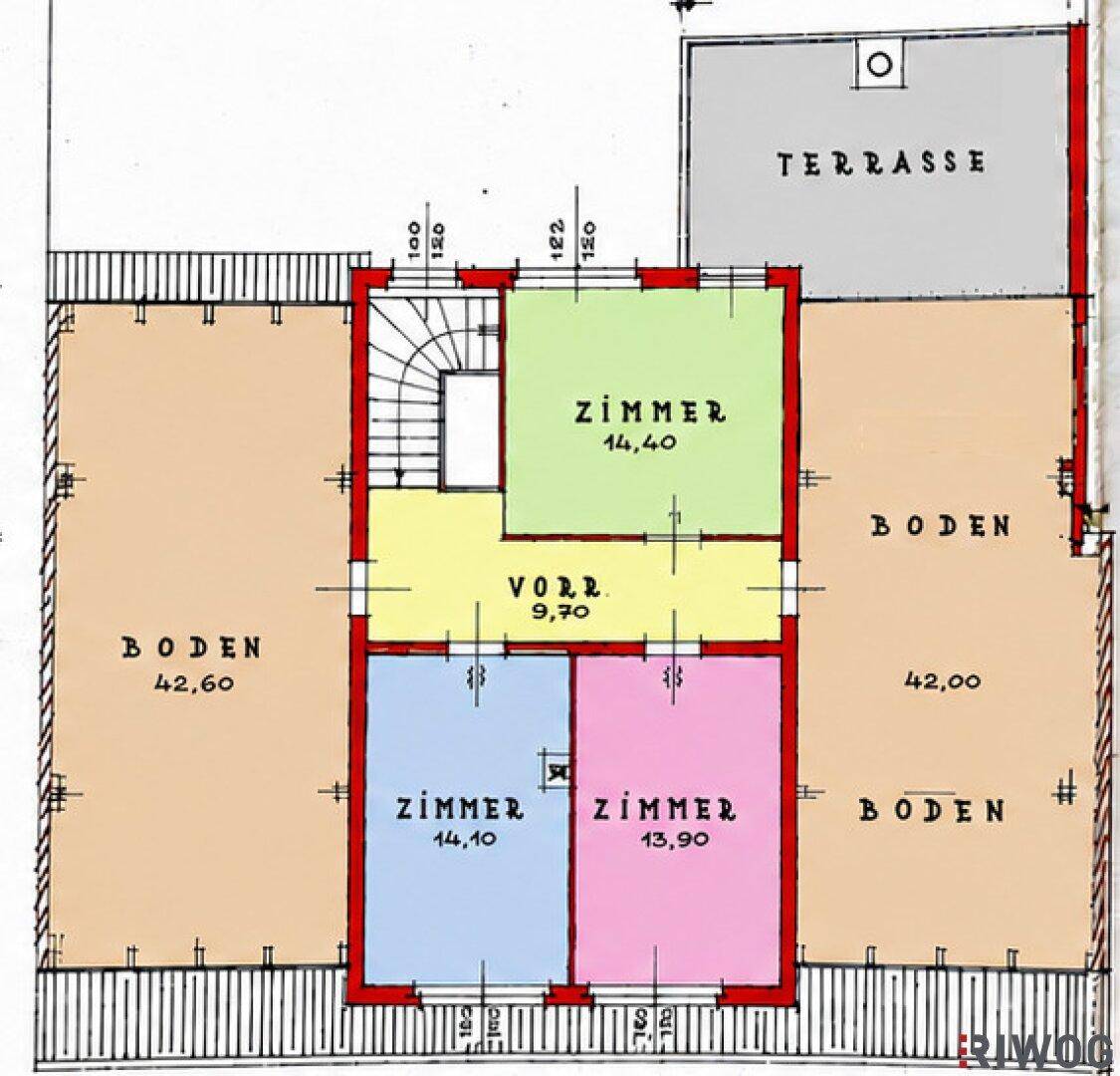 Grundriss des Obergeschosses mit Terrasse, Vorraum und drei weiteren Zimmern.