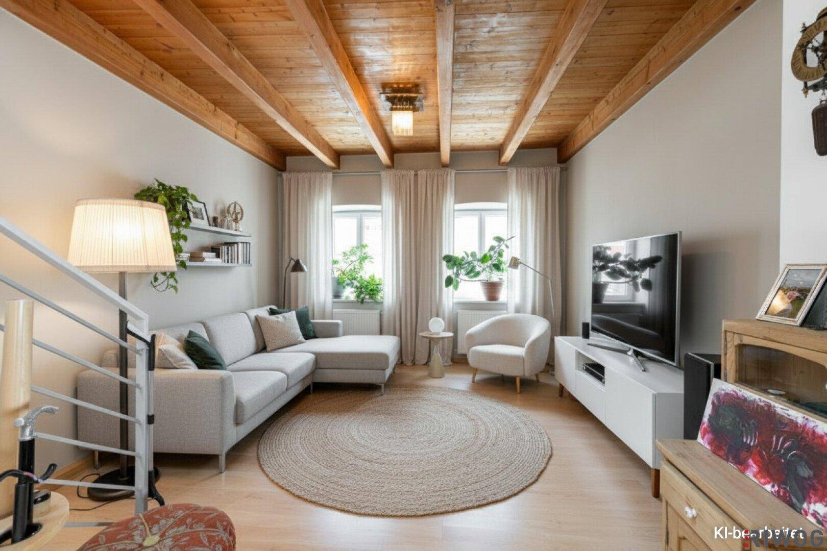 Modern eingerichtetes Wohnzimmer mit Holzbalkendecke, hellem Sofa und einem runden Teppich.