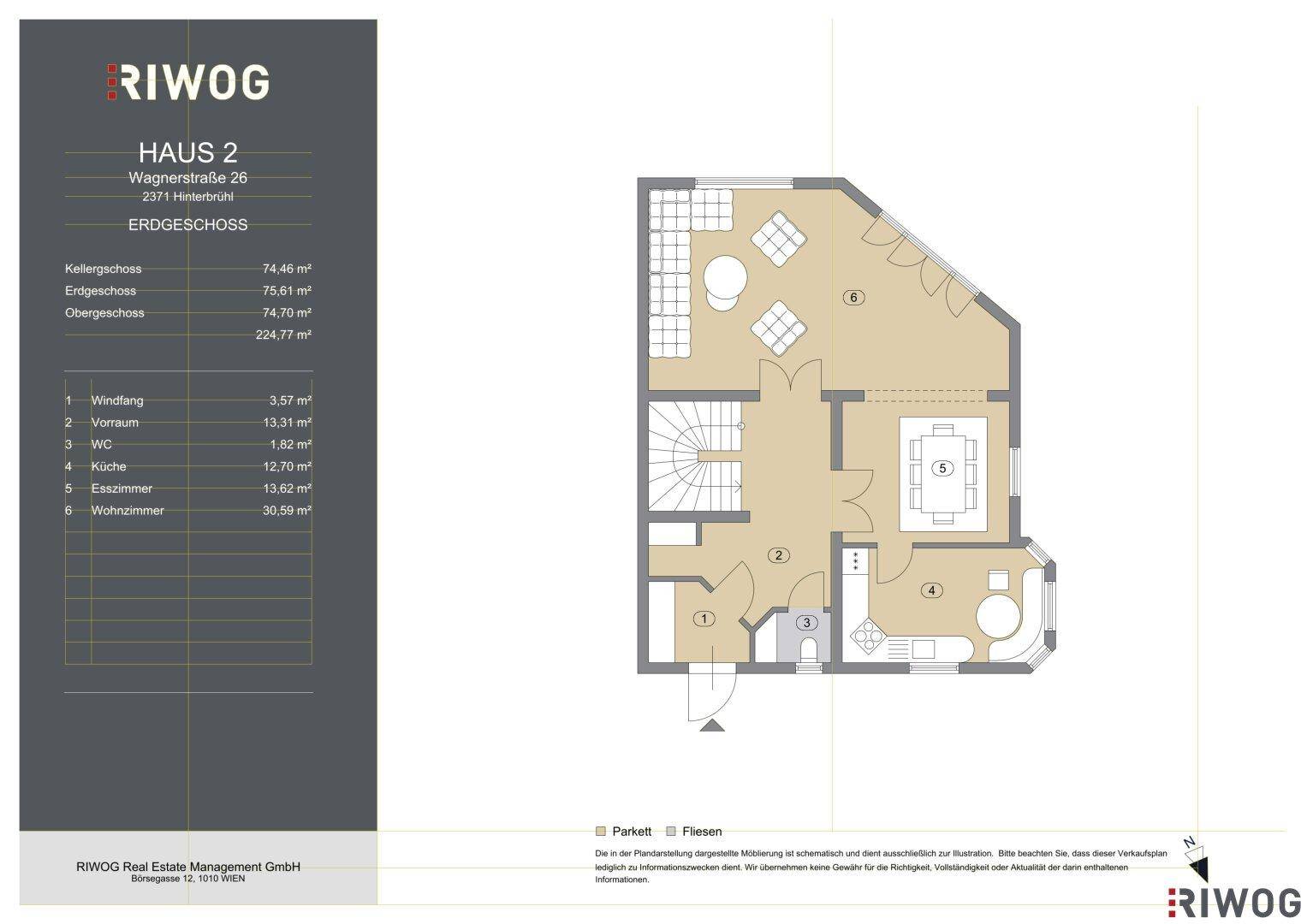 Grundriss des Erdgeschosses von Haus 2 mit offenem Wohn- und Essbereich.