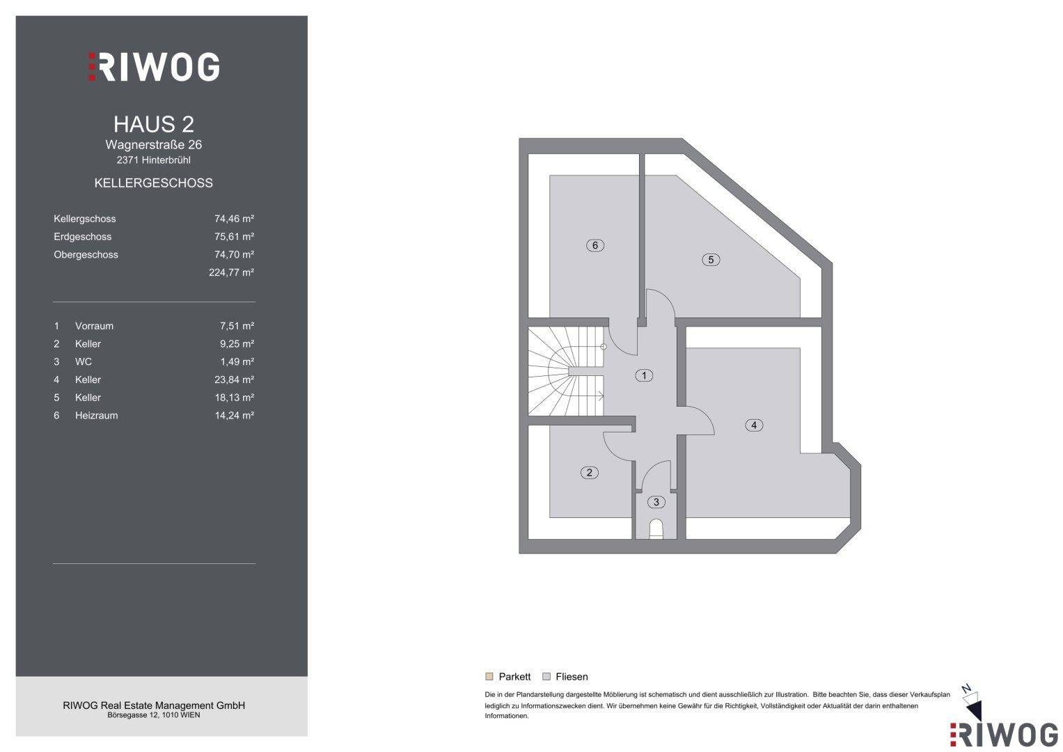 Grundriss des Kellergeschosses von Haus 2 mit Abstellräumen und Heizraum.