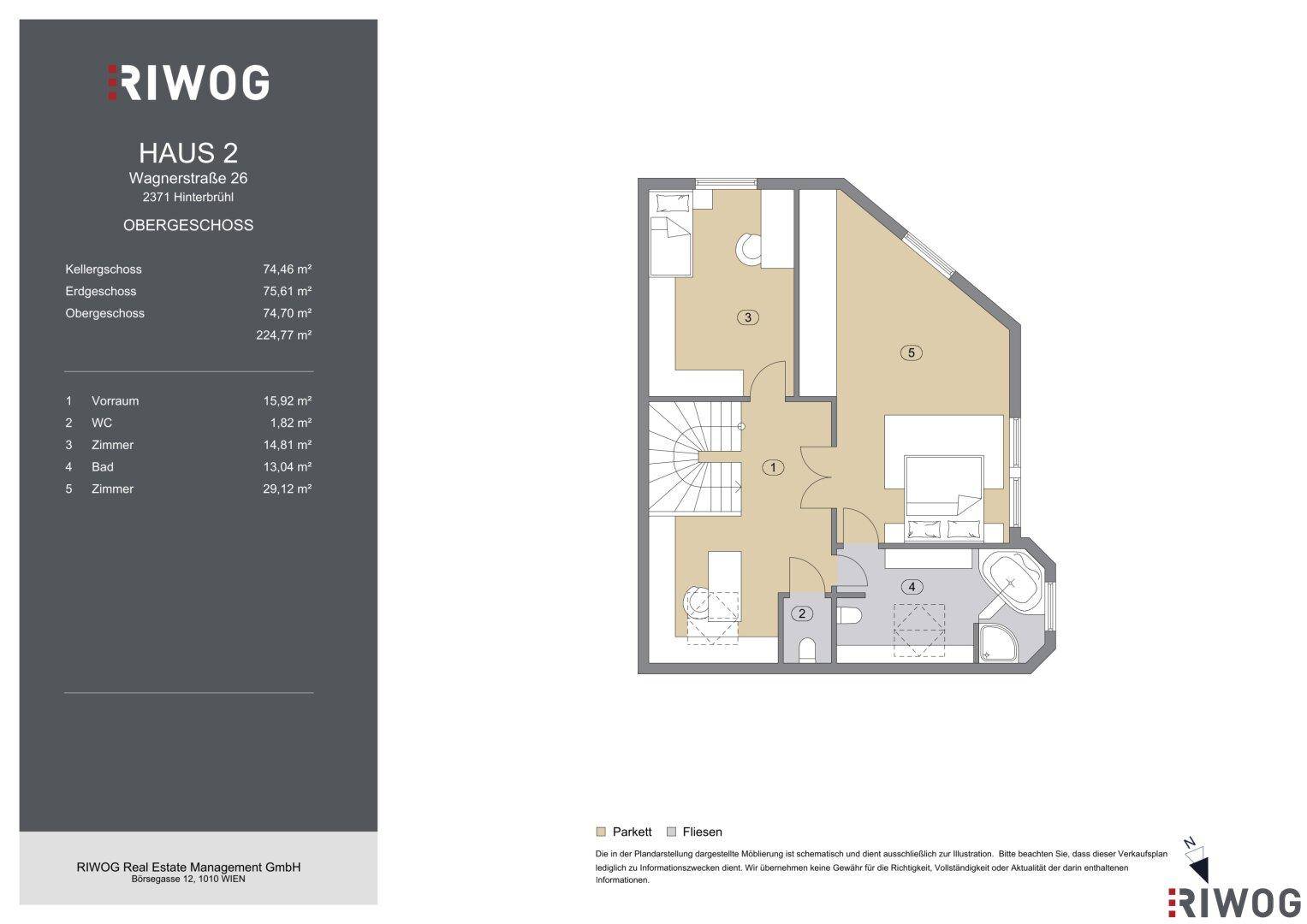 Grundriss des Obergeschosses von Haus 2 mit Schlafzimmern und Badezimmer.