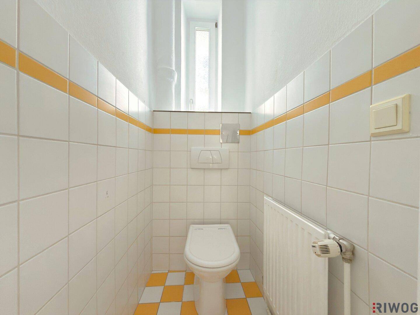 Separates WC mit farbigen Fliesen, wandhängender Toilette und kleinem Fenster für Belüftung.