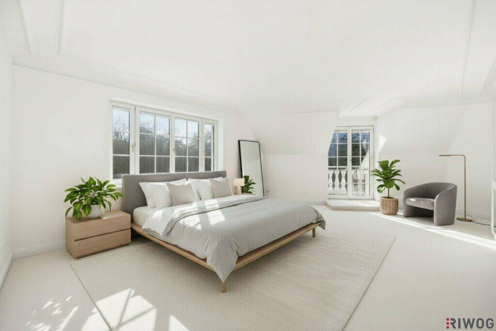 Modernes Schlafzimmer mit großem Bett, Teppichboden und Zugang zu einem französischen Balkon.
