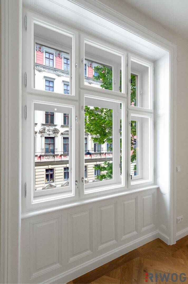 Detailansicht eines hohen Fensters mit Blick auf die gegenüberliegende historische Fassade und Bäume.