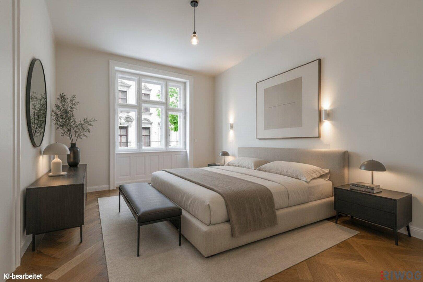 Modern eingerichtetes Schlafzimmer mit großem Bett, Nachttischen und Fischgrätparkett, virtuell inszeniert.