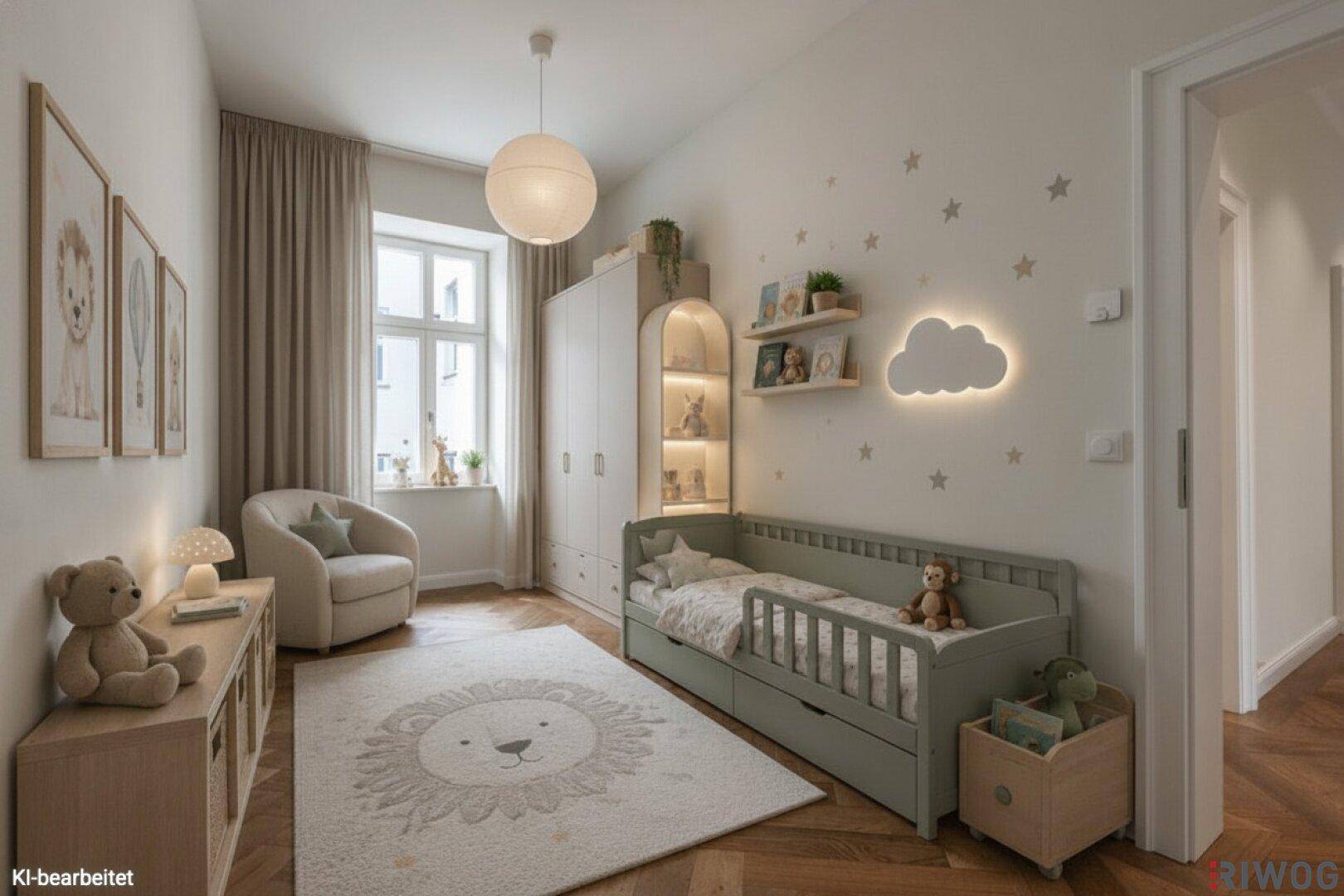 Kinderzimmer mit hellem Design, Einzelbett, Schrank und verspielter Wanddekoration, virtuell inszeniert.