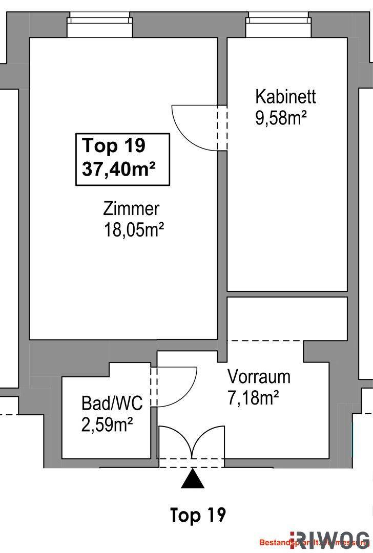 Ausschnitt eines Grundrisses mit Zimmer, Kabinett, Vorraum und Bad/WC.