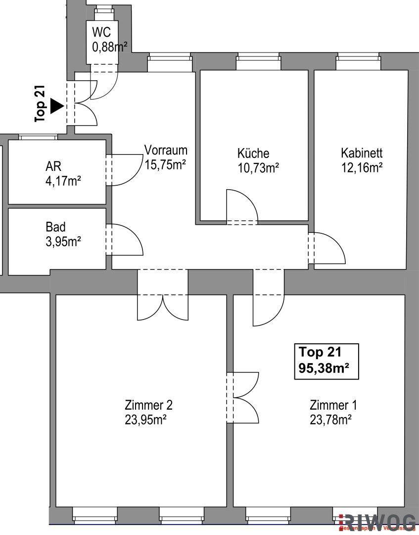 Vereinfachter Grundriss einer Wohnung mit mehreren Zimmern, Küche, Bad und separatem WC.