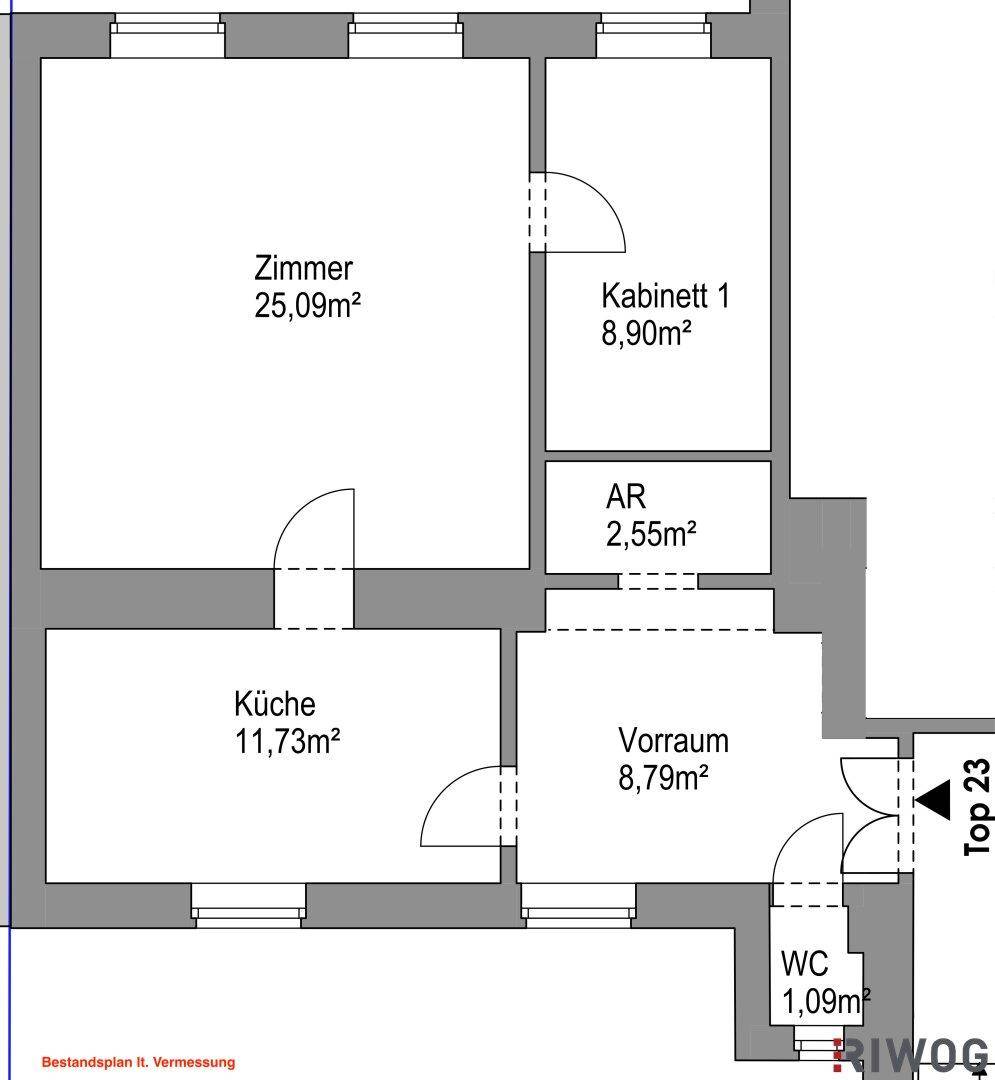 Grundriss einer Wohnung mit Zimmern, Küche, Vorraum und separatem WC.