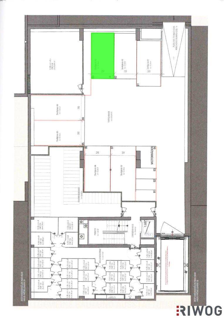Grundrissplan eines Gebäudegeschosses mit verschiedenen Räumen und einem markierten Bereich.