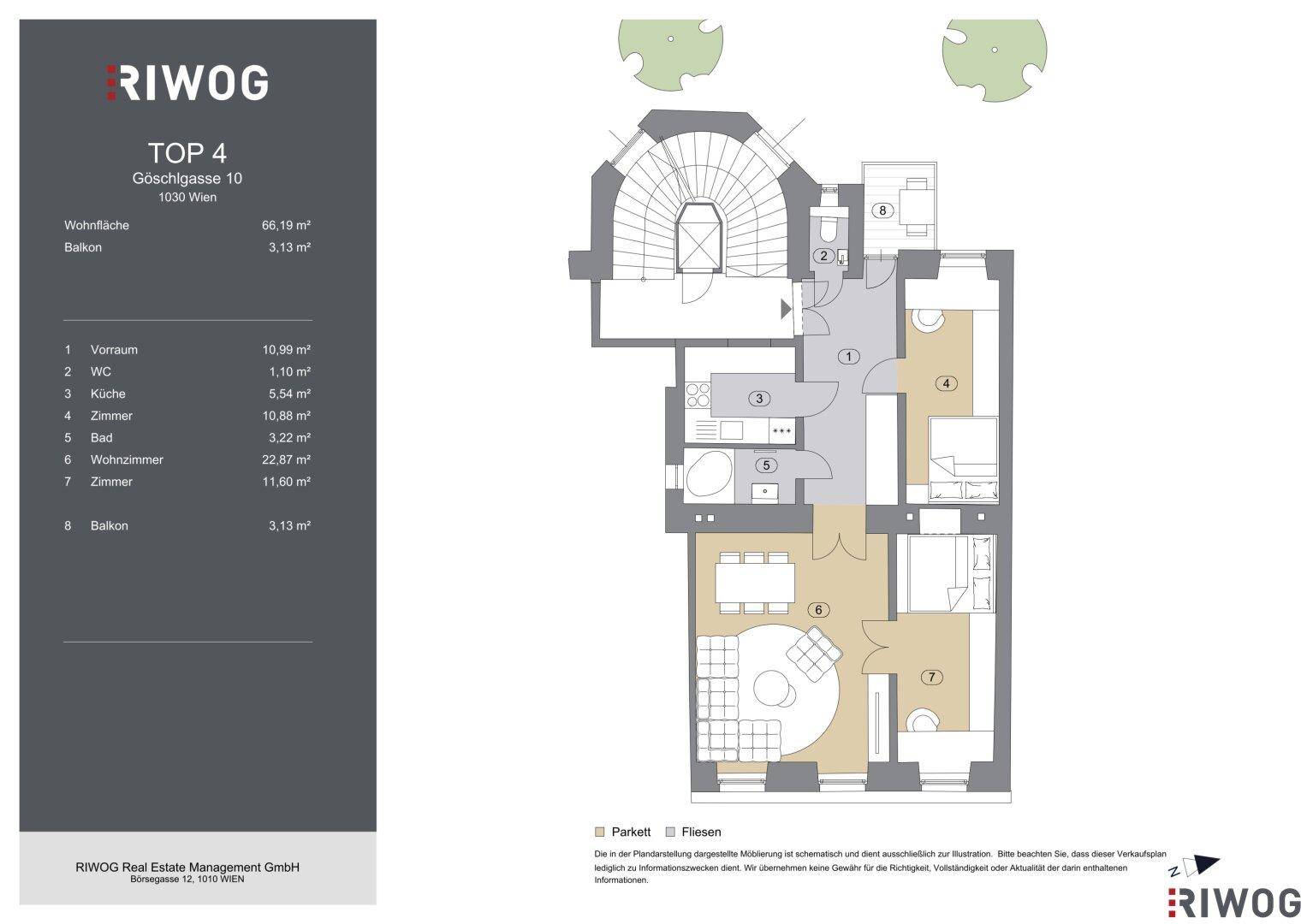 Detaillierter Grundriss der Wohnung Top 4 mit Wohnfläche und Balkon.