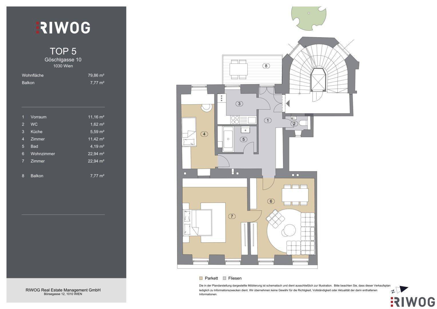 Grundriss der Wohnung Top 5 mit 79,88 m² Wohnfläche und einem Balkon von 7,77 m².