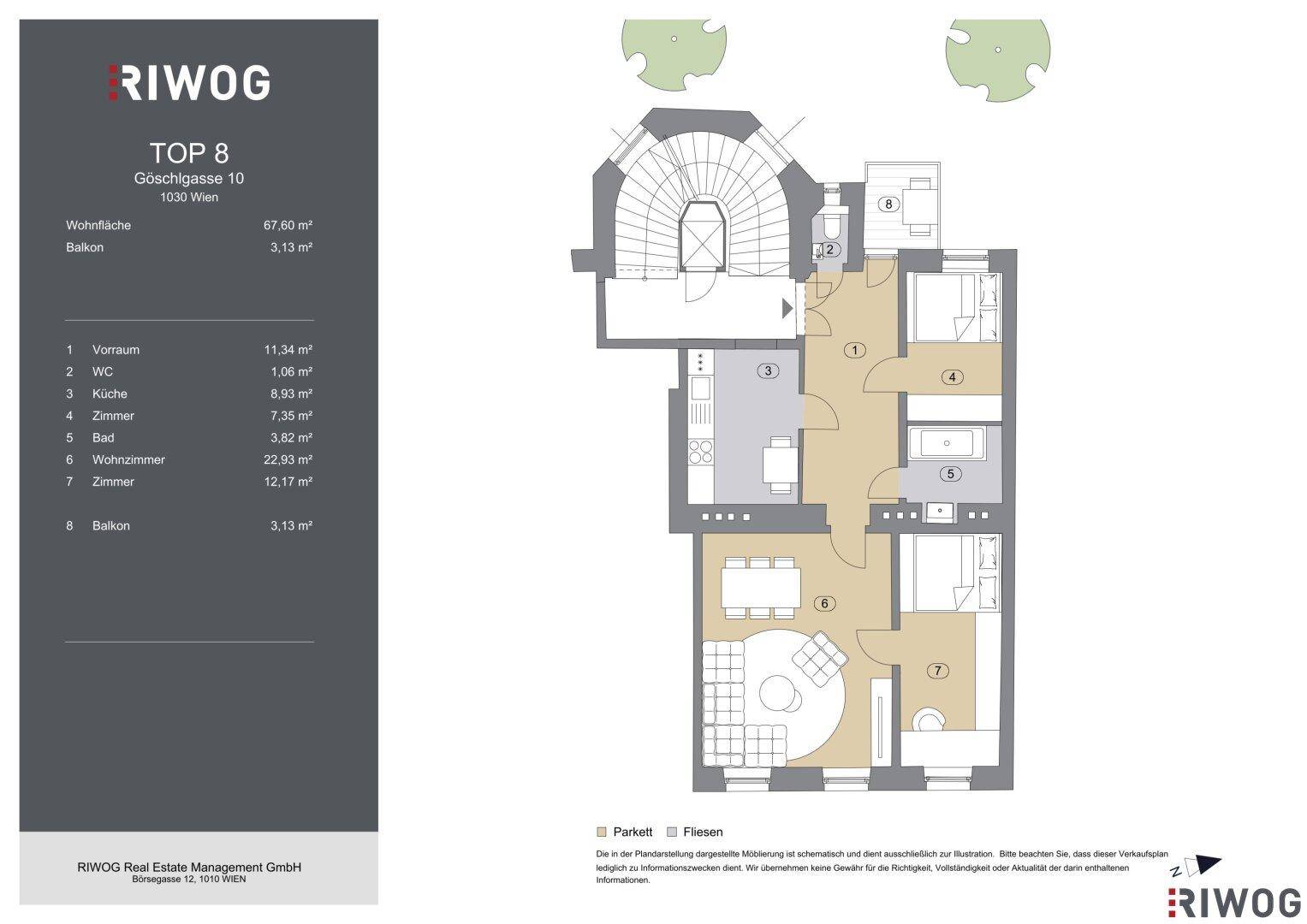 Grundriss der Wohnung TOP 8 mit Balkon und separater Küche.