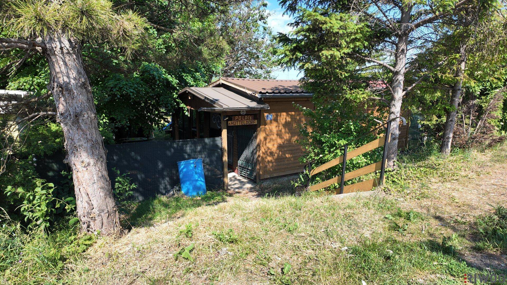 Das Holzhaus von vorne, umgeben von Bäumen und Sträuchern unter blauem Himmel.