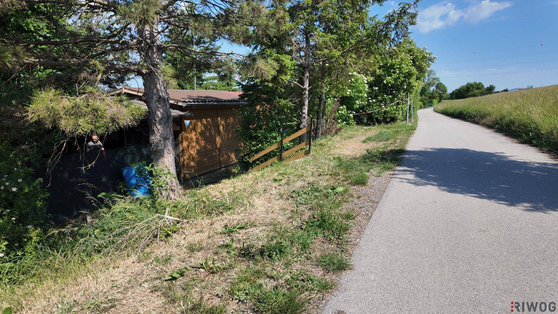 Seitenansicht des Holzhauses neben einem asphaltierten Weg und weiten Feldern.