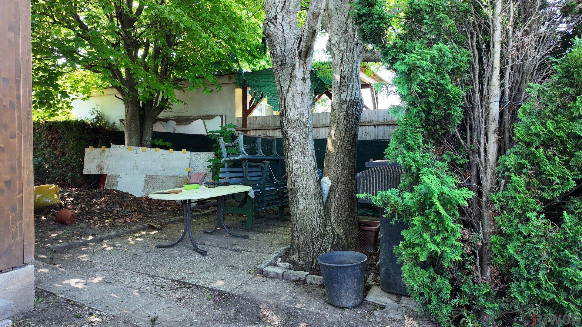 Gartenansicht mit Bäumen, einer kleinen Terrasse und einem Eimer, umgeben von Hecken und Sträuchern.