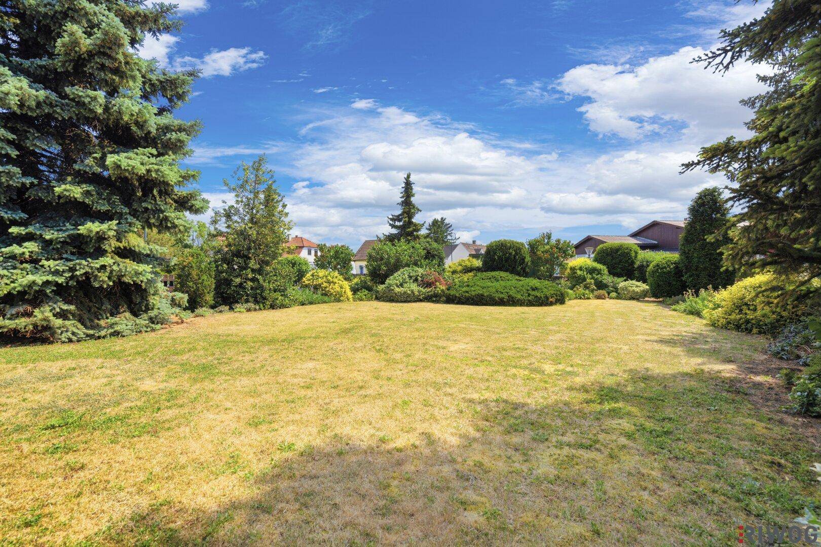 Großer, gepflegter Garten mit weitläufiger Rasenfläche und umgebenden Bäumen unter blauem Himmel.