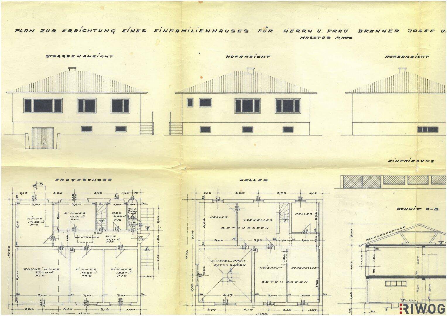 Historischer Bauplan eines Einfamilienhauses mit Ansichten und Grundrissen der Etagen.