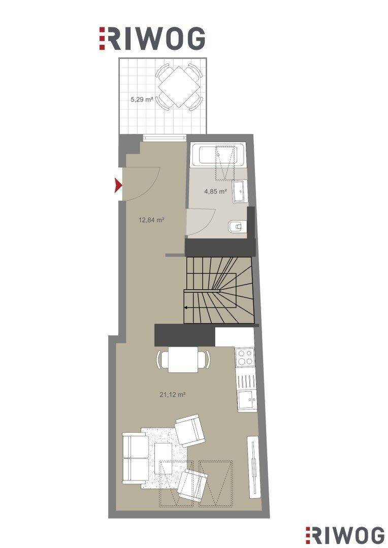 Grundriss einer Maisonette-Wohnung mit offenem Wohnbereich, integrierter Küche, Bad und Balkon.