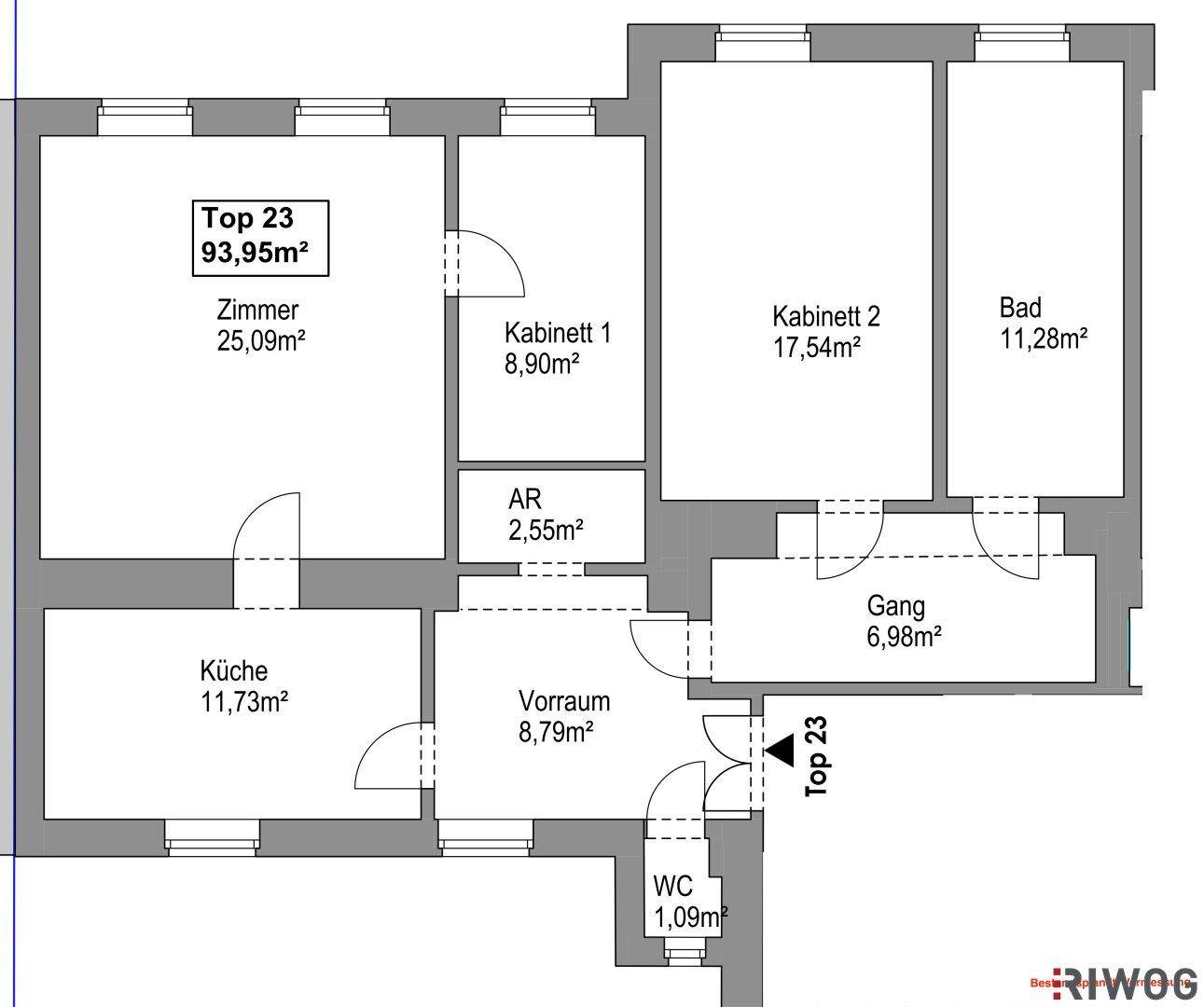 Grundriss einer Wohnung mit drei Zimmern, Küche, Bad und separatem WC.