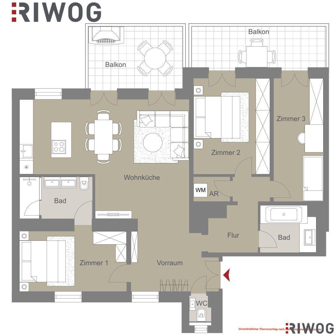 Detaillierter Grundriss einer Wohnung mit drei Zimmern, offener Wohnküche und zwei Balkonen.