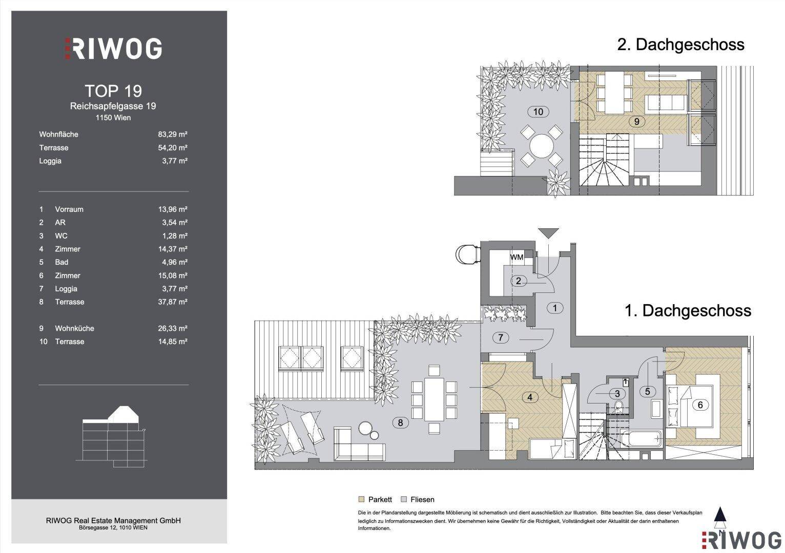 Grundriss einer Duplex-Penthouse-Wohnung über zwei Dachgeschosse mit mehreren Terrassen, offener Wohnküche und Parkettboden.