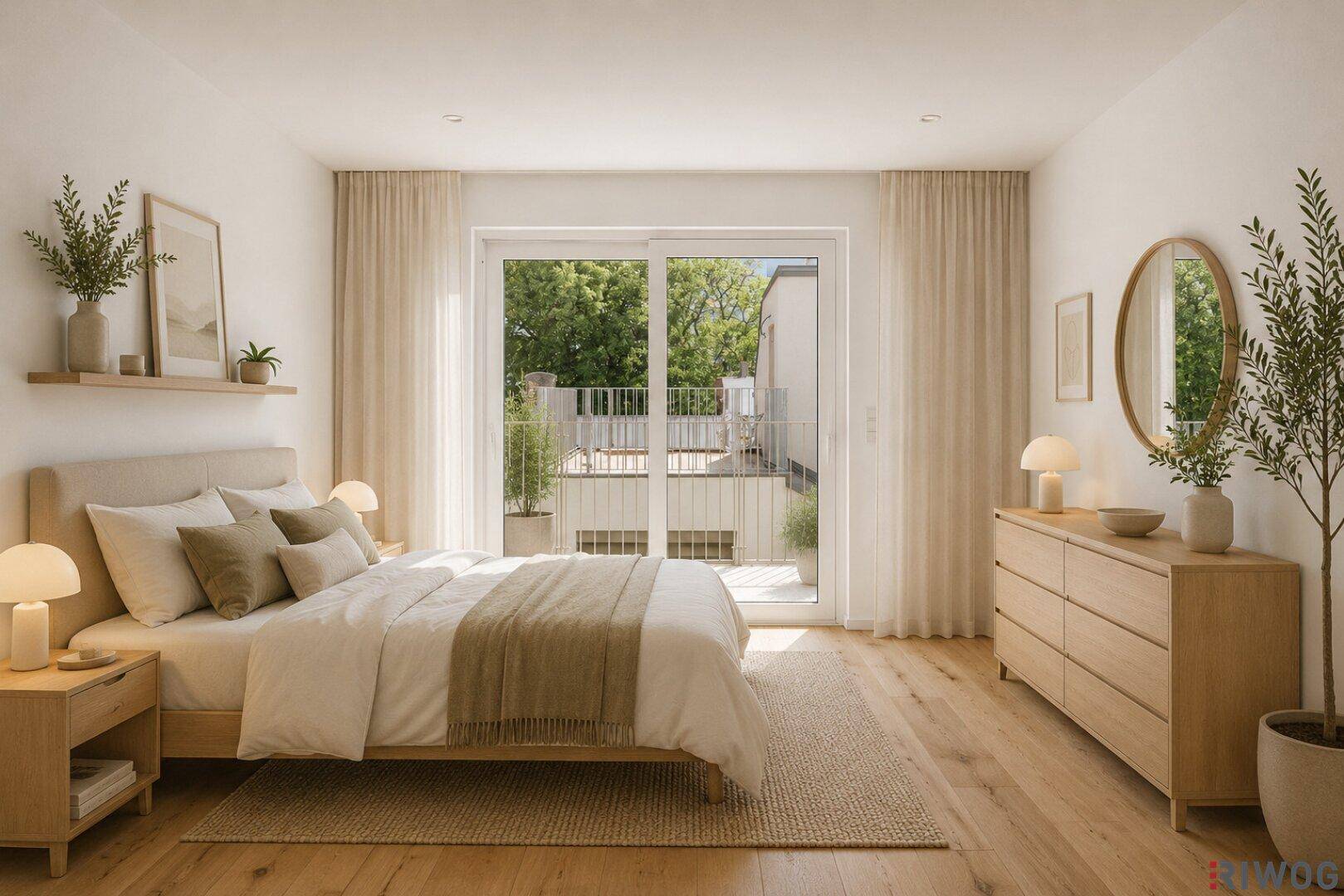 Helles Schlafzimmer mit Holzboden, Zugang zum Balkon und moderner Einrichtung in neutralen Farben.