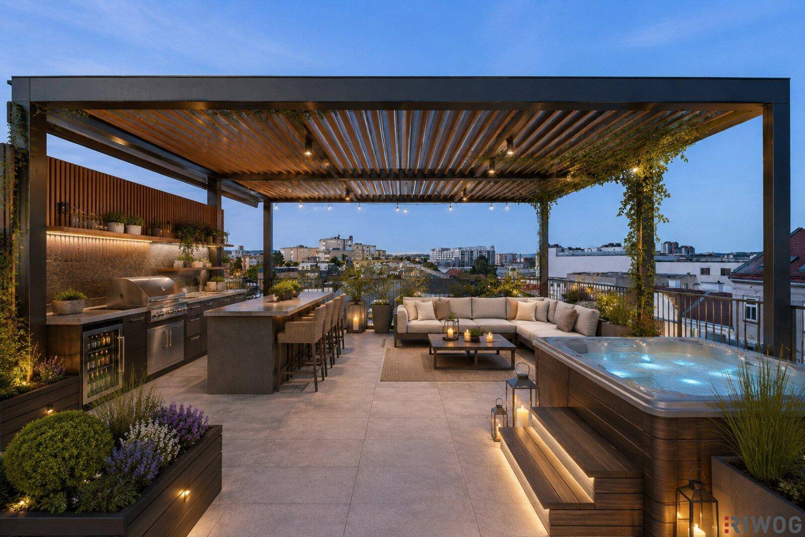 Exklusive Dachterrasse mit Whirlpool, Außenküche und Lounge-Bereich unter einer Pergola.