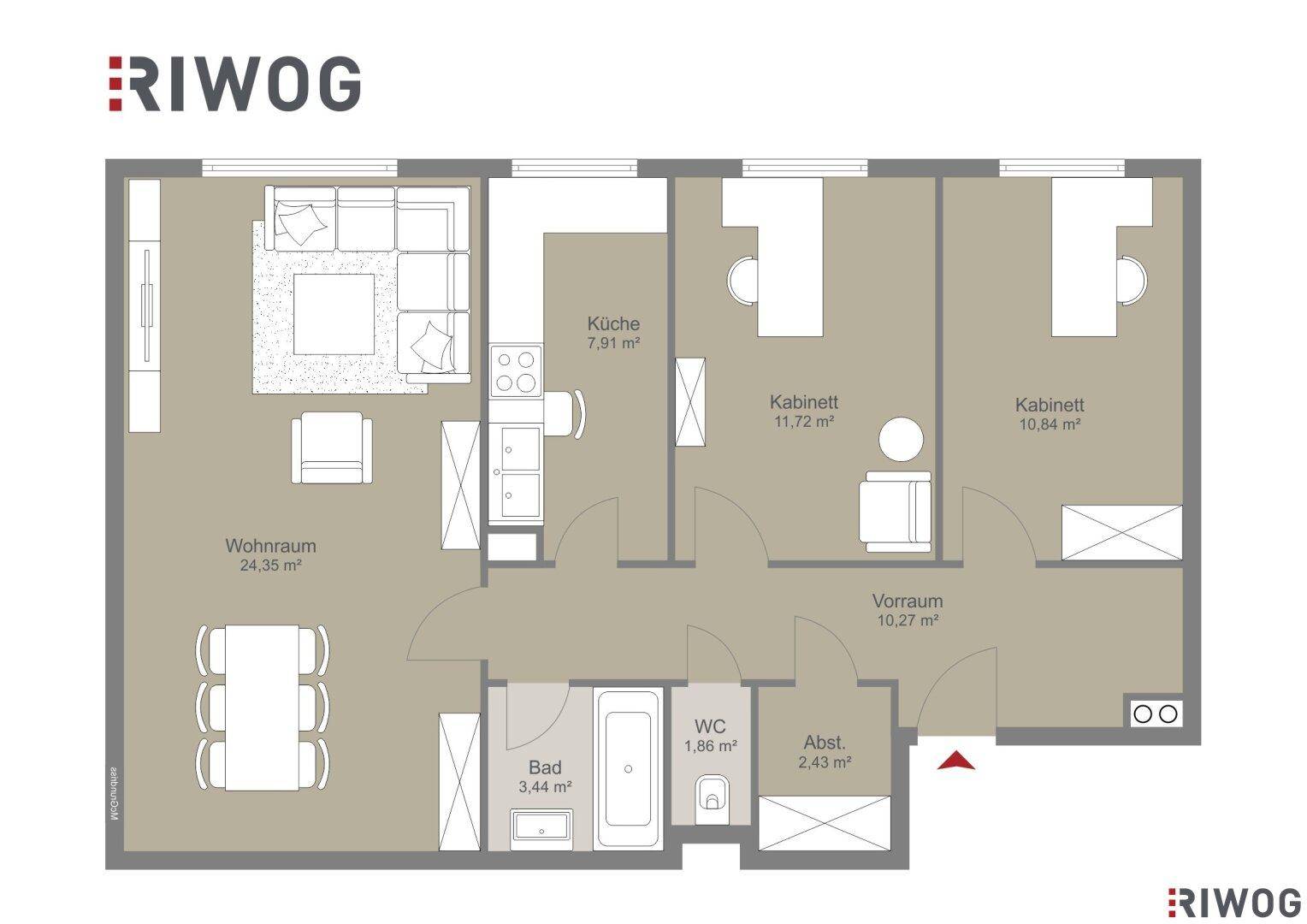 Grundriss einer Wohnung mit Wohnzimmer, Küche, Bad, WC und zwei weiteren Zimmern.