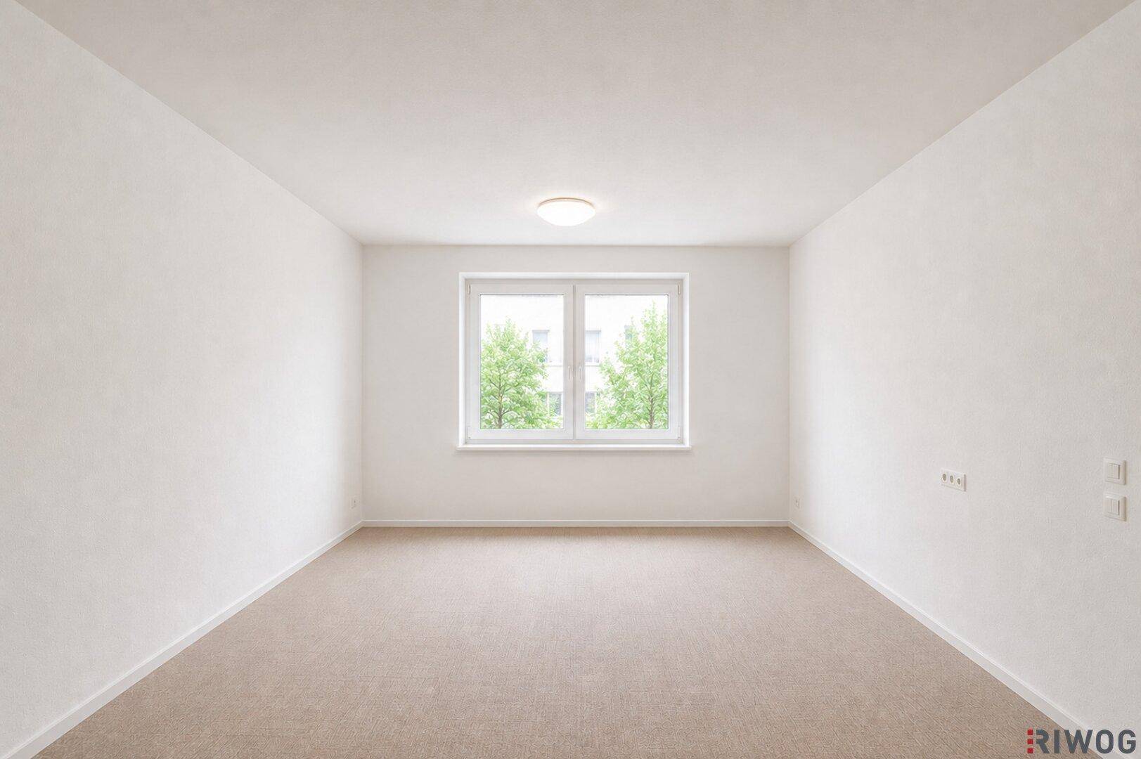 Leerer, heller Raum mit Teppichboden und einem Fenster, das Tageslicht hereinlässt.