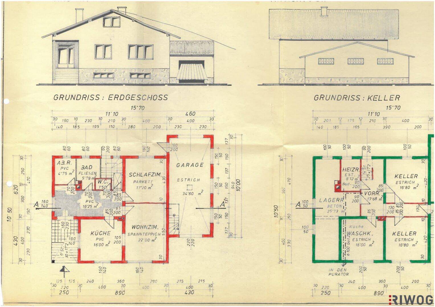 Grundrisspläne für Erdgeschoss und Keller eines Einfamilienhauses mit Garage, Wohnzimmer, Küche, Schlafzimmer und mehreren Kellerräumen.