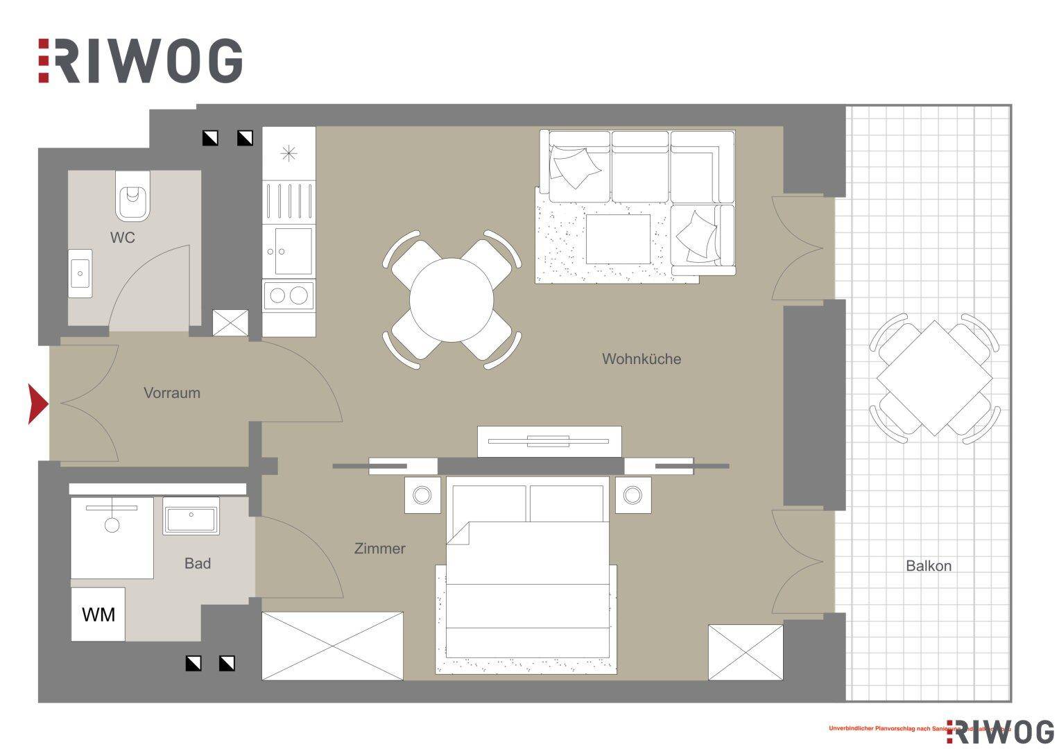 Grundriss einer Wohnung mit offener Wohnküche, Schlafzimmer, Bad, separatem WC und Balkon.