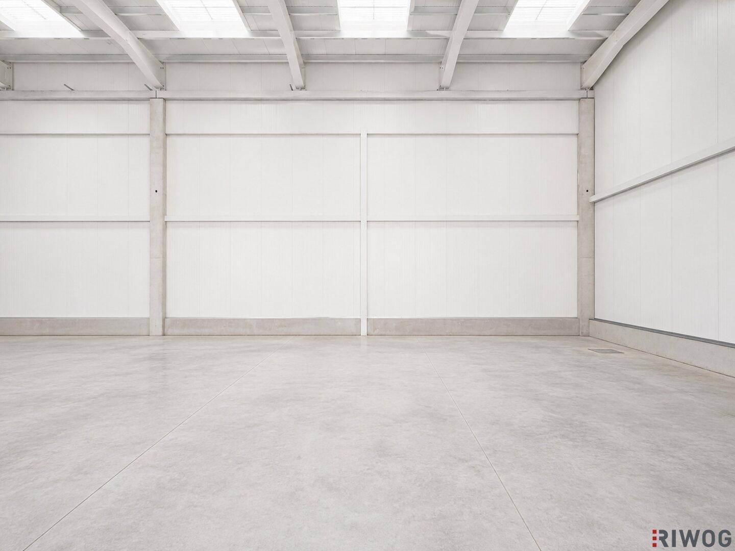 Leere Industriehalle mit Betonboden, weißen Wänden und sichtbaren Deckenstrukturen.