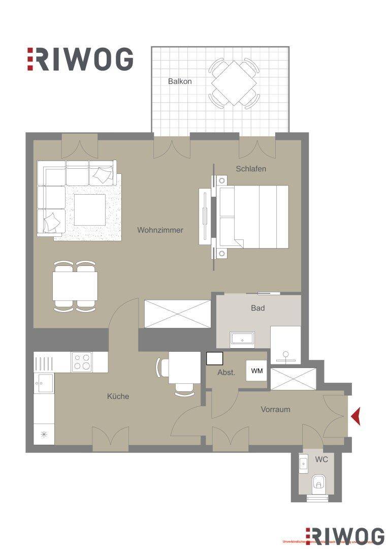 Grundriss einer Wohnung mit Wohnzimmer, Schlafzimmer, Küche, Bad, separatem WC und Balkon.