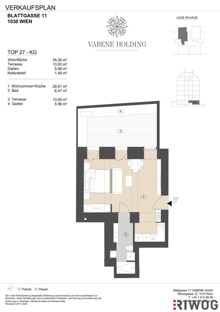 Grundrissplan einer Wohnung mit offenem Wohn- und Küchenbereich, einem Bad, Terrasse und Garten.