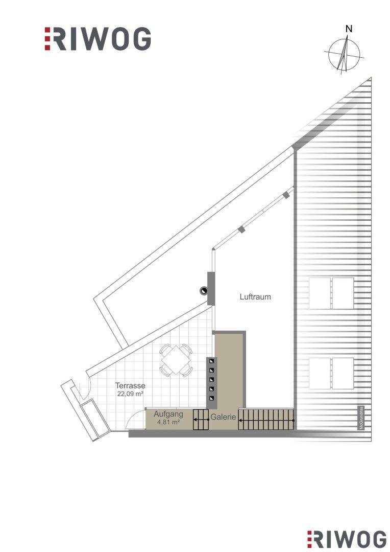 Grundriss des Dachgeschosses mit Galerie, Luftraum und großer Terrasse.