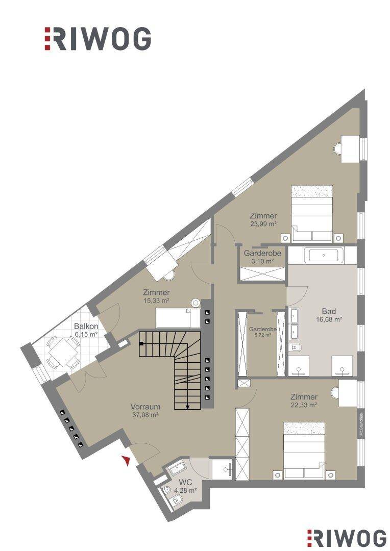 Grundriss des oberen Geschosses mit drei Schlafzimmern, einem Badezimmer, separatem WC und Balkon.