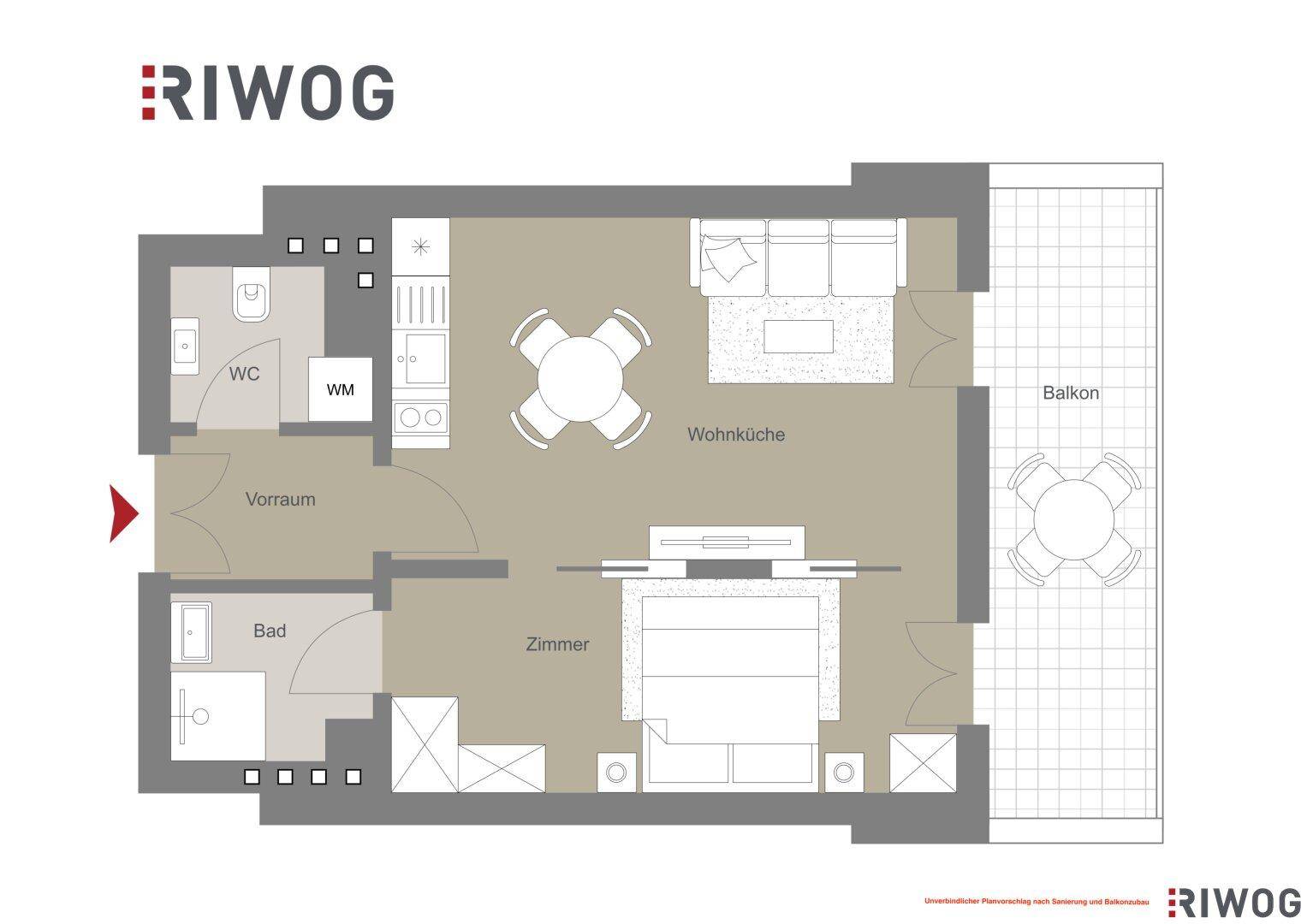 Grundriss einer Wohnung mit offener Wohnküche, einem Schlafzimmer, Bad, separatem WC und Balkon.