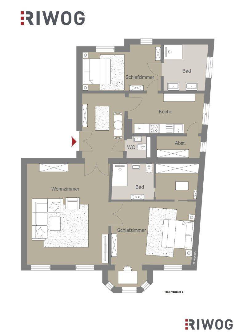 Grundriss einer Wohnung mit zwei Schlafzimmern, zwei Bädern, separatem WC und integrierter Küche.