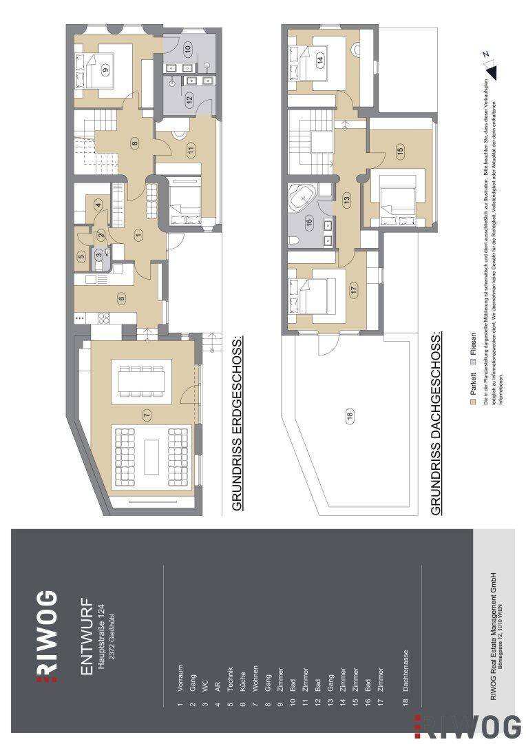 Grundrisspläne für Erd- und Dachgeschoss mit mehreren Zimmern, Bädern und einer Dachterrasse.