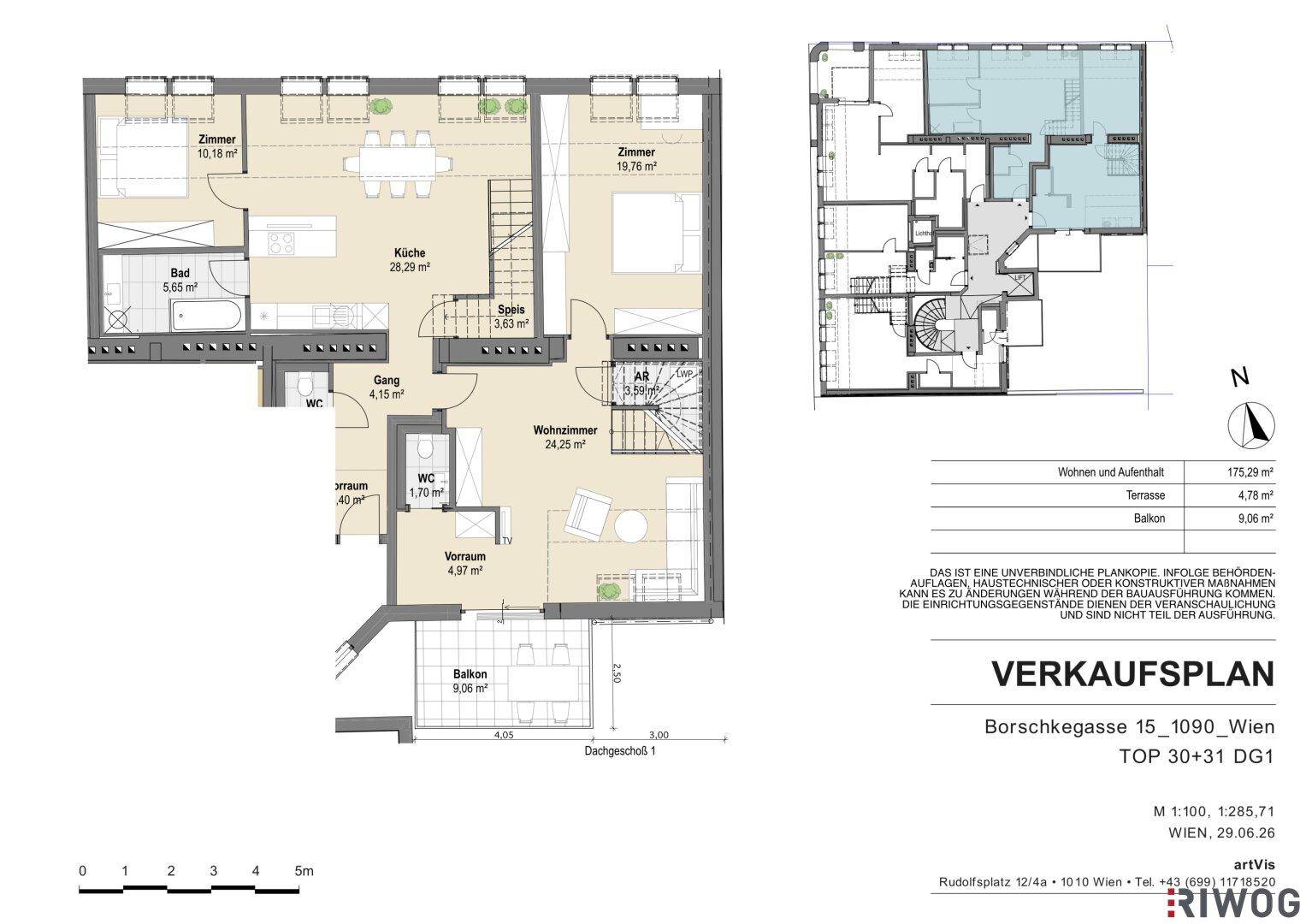Detaillierter Grundriss einer Wohnung mit mehreren Zimmern, Küche, Bädern und Balkon, ergänzt durch einen Übersichtsplan.
