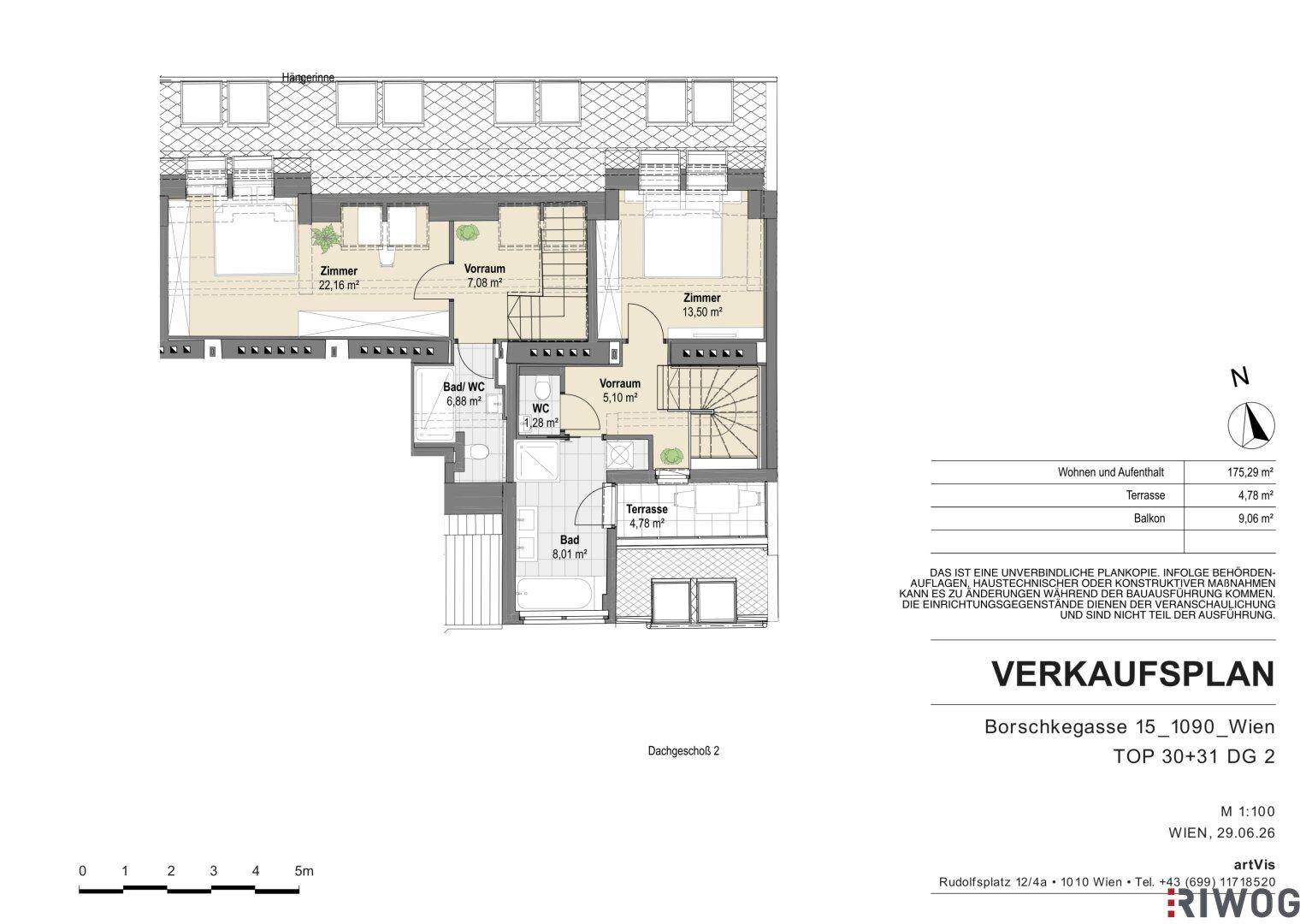 Detaillierter Grundriss einer oberen Etage mit Schlafzimmern, Bädern, WC und einer Terrasse.